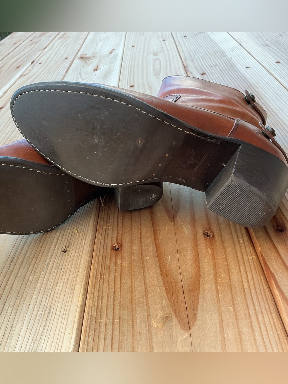 Frye Jackie Leather Ankle Boots 8B Cognac Brown Button Strap Western Block Heel - Picture 15 of 16